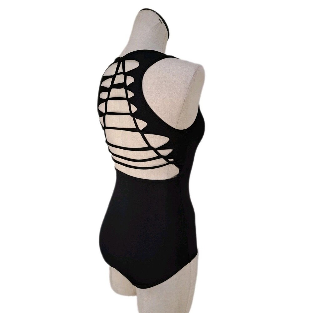Aja VTG Cutout Slashed Ladder Back Tank Leotard Boycut Black Women's Size S - Picture 5 of 13